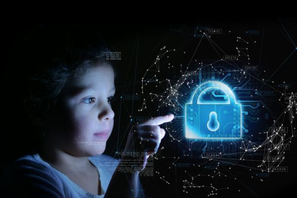 child looking at lock with internet imagery